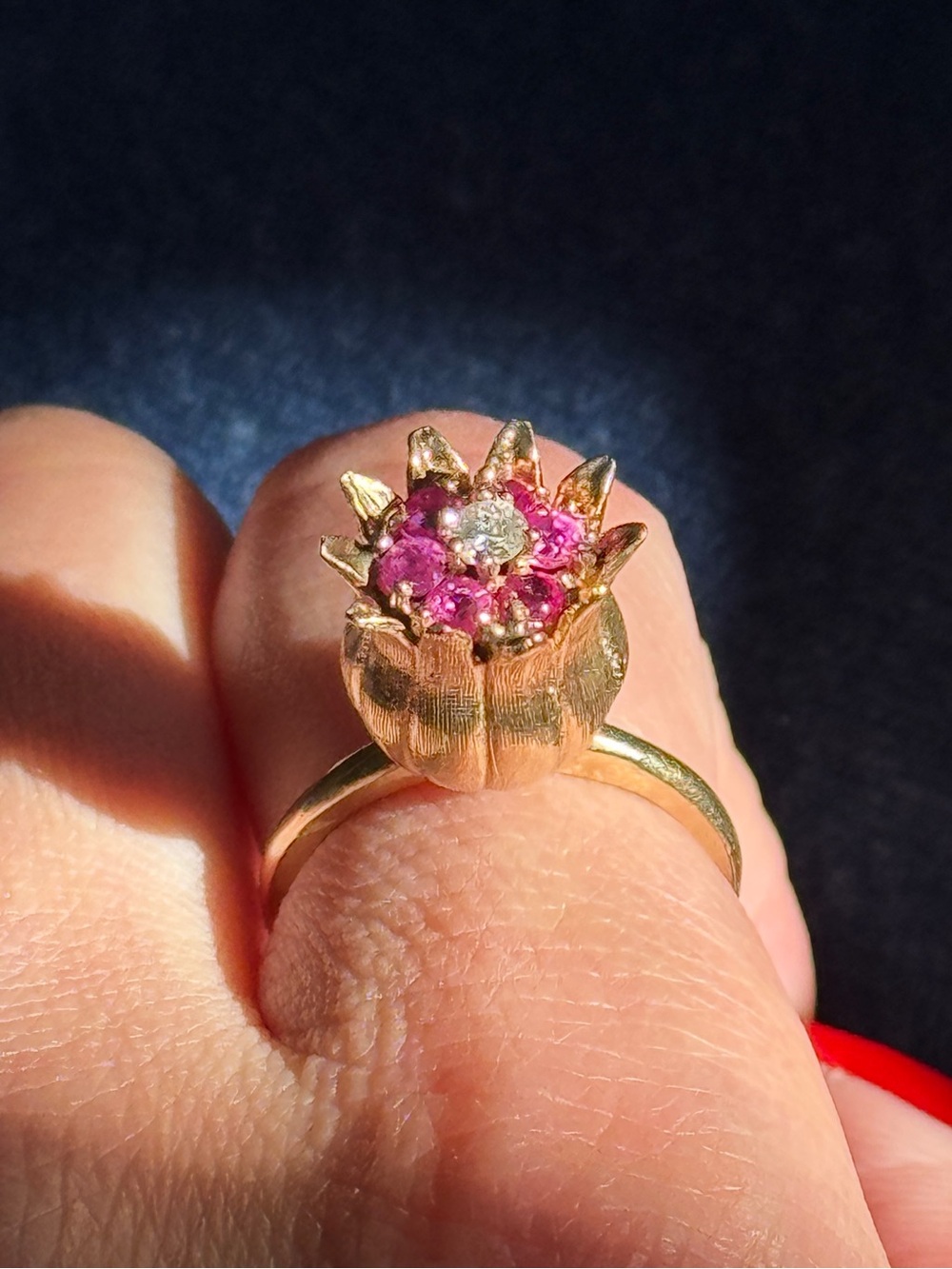 Stunning Rare - Vintage 14k Yellow Ruby And Diamond Tulip Ring Size 6 - Picture 8 of 13